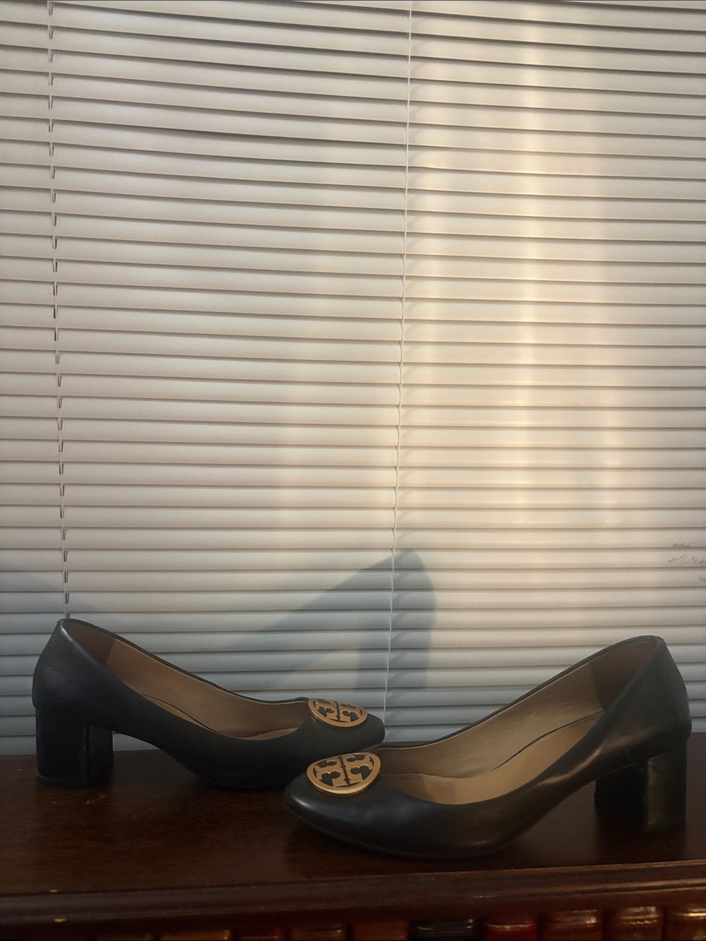 Tory Burch Black Leather Block Heel Pumps with Gold Logo Medallion